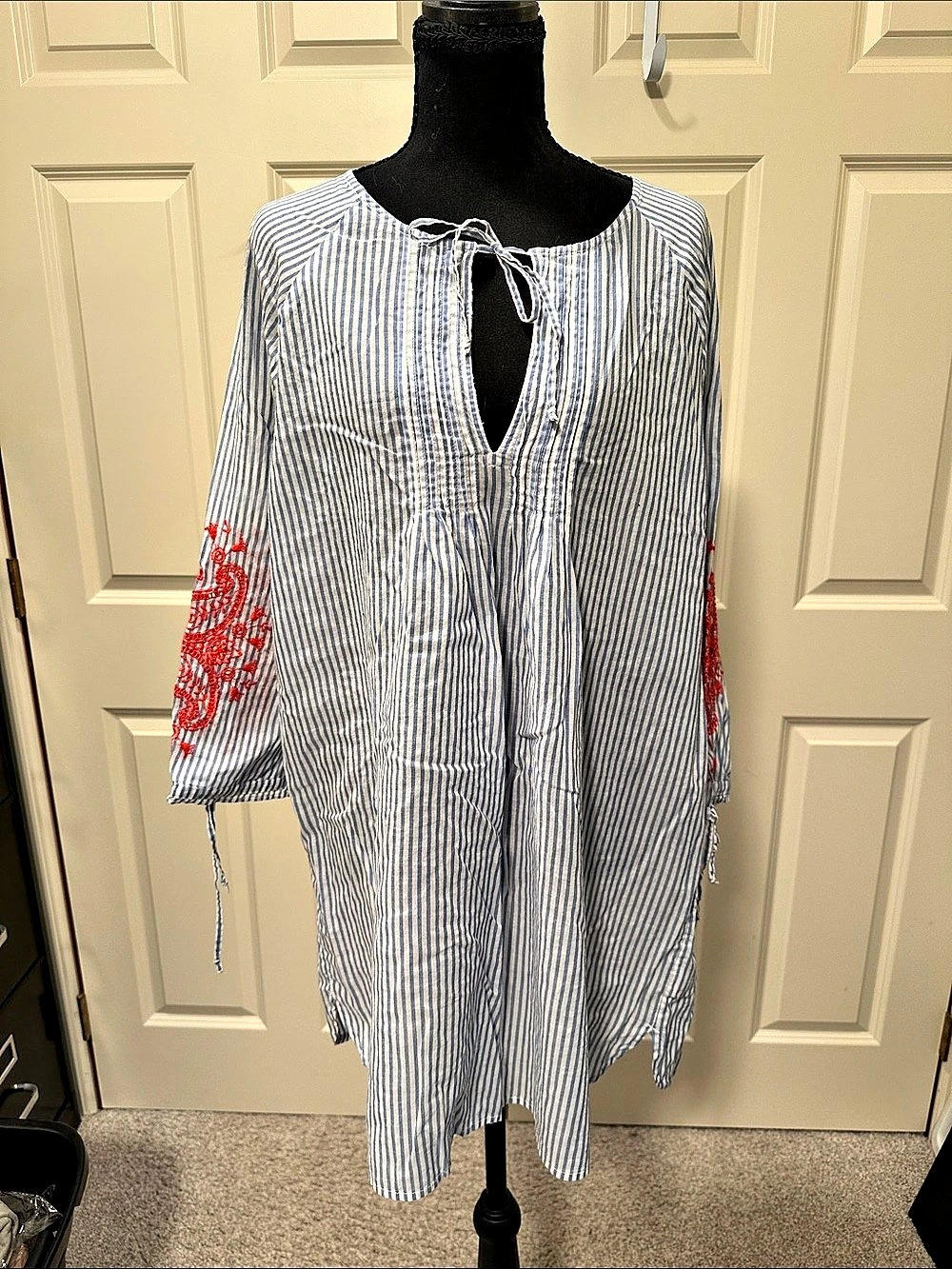 J.Crew Embroidered V-neck Tunic Cover-Up in Stripe Blue & White Large